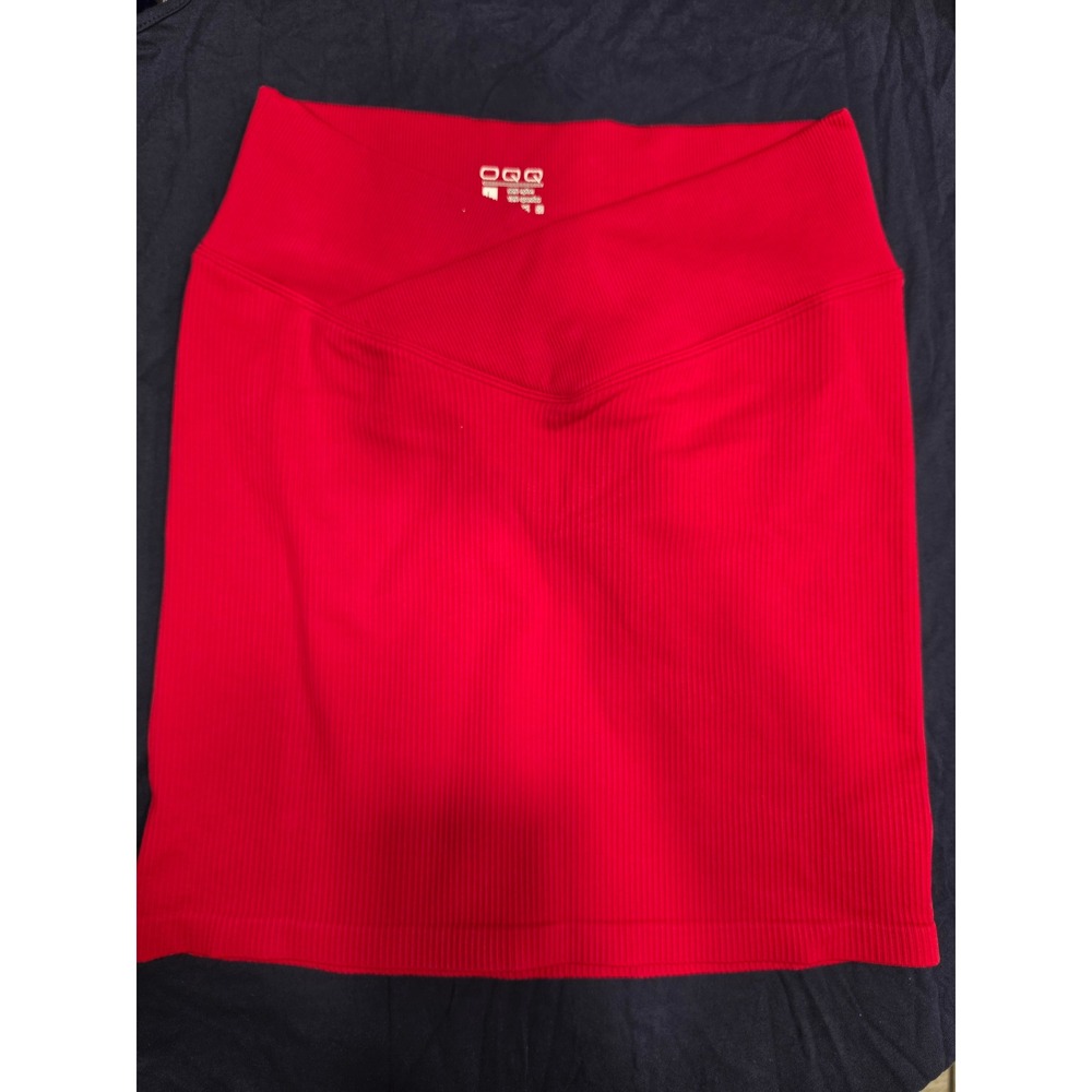 OQQ Red Ribbed Mini Skirt Crossover V-Waistband Seamless Stretch Size Large